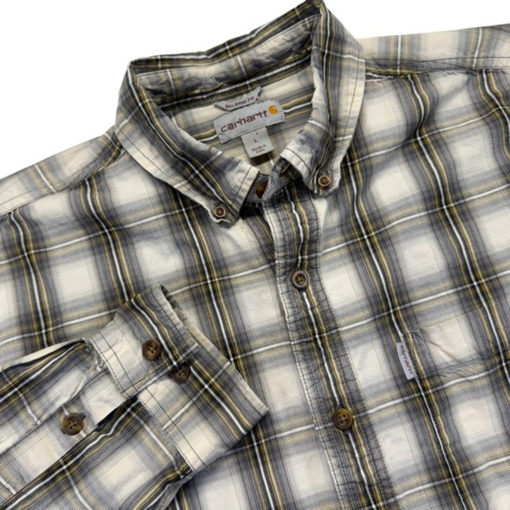 Carhartt Mens L Relaxed Fit Plaid Work Shirt Gray Yellow Cotton‎ Long Sleeve
